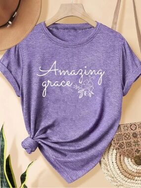 Religious Amazing Grace Heathered Lavender Crewneck Graphic Tee